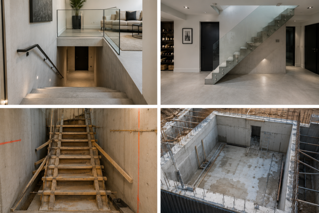 Four-panel image showing stages of a reinforced concrete basement staircase project: finished concrete stairs leading down to a basement door, completed lower-level basement with glass-balustrade stair, timber formwork shuttering for new stairs during construction, and an excavated basement box with exposed rebar before pouring