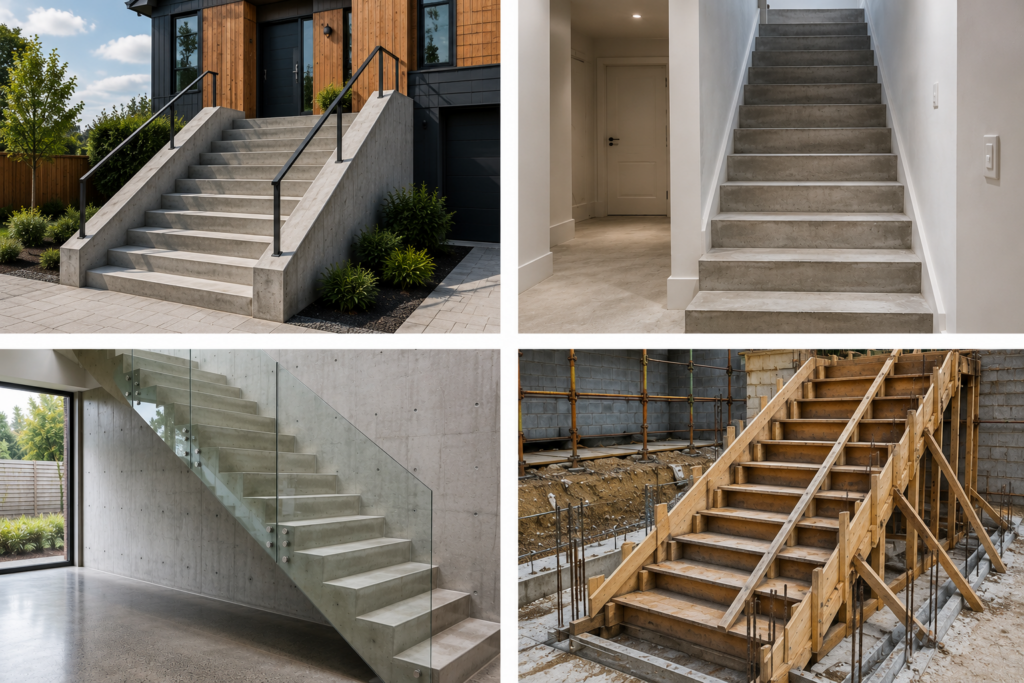 Examples of reinforced concrete stairs: external entrance steps, internal basement flight, fair-faced cantilever staircase with glass balustrade, and timber formwork during construction.