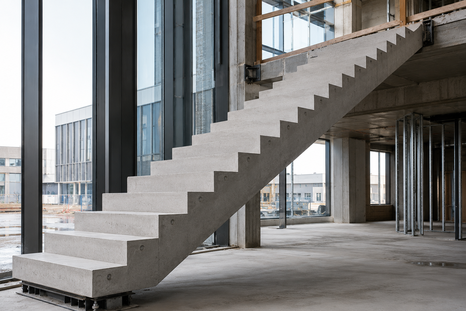 Precast concrete staircase installed in a commercial building under construction, showing bearing plates at base